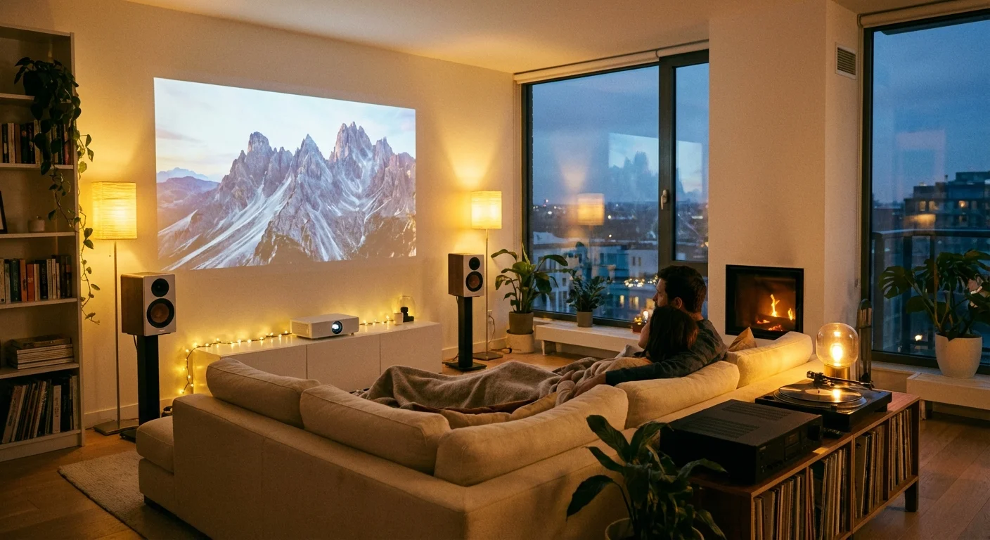 A couple watching a movie on a home projector in a cozy living room.