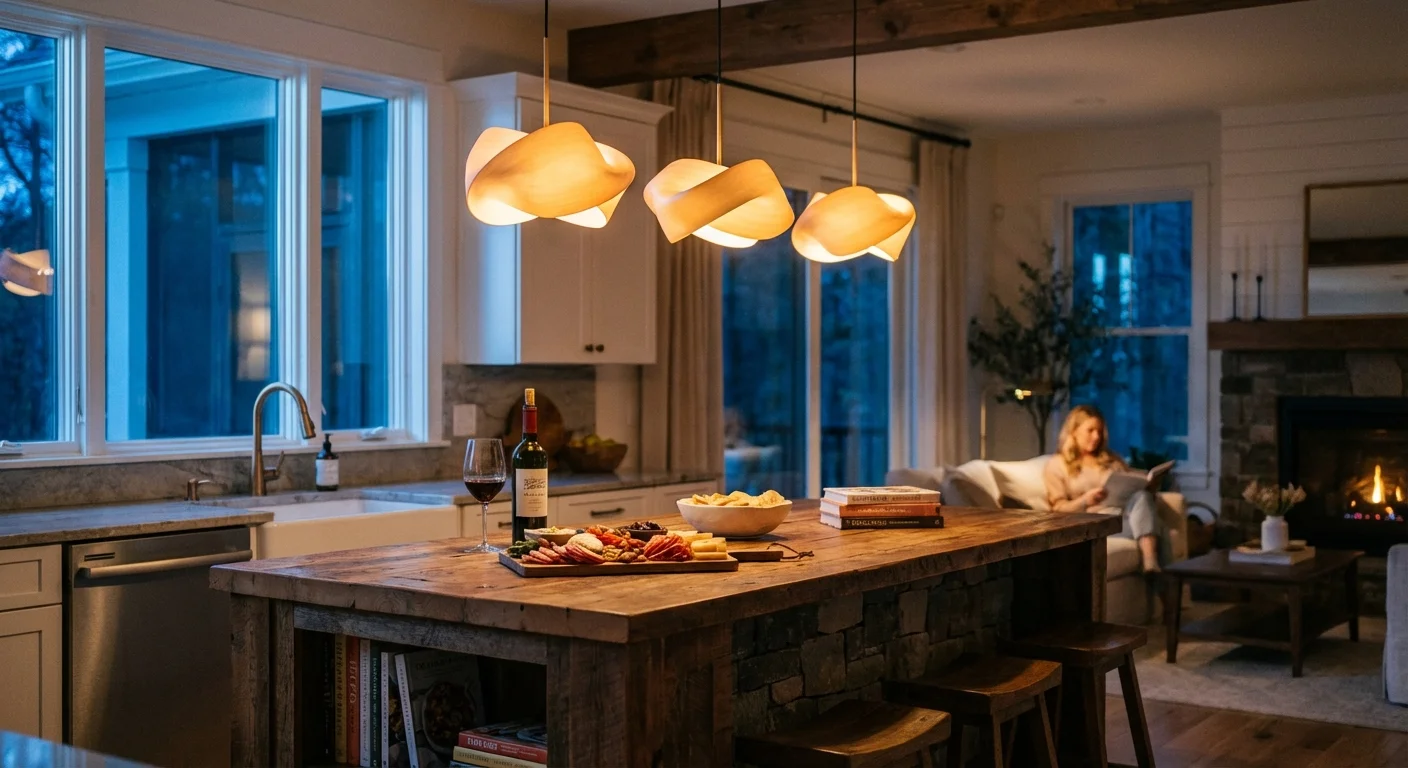 Modern kitchen island illuminated by warm, dimmable smart pendant lights at dusk.