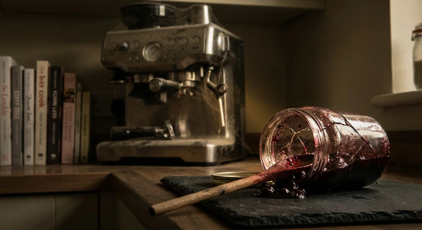 A broken canning jar with spilled contents on a kitchen counter.