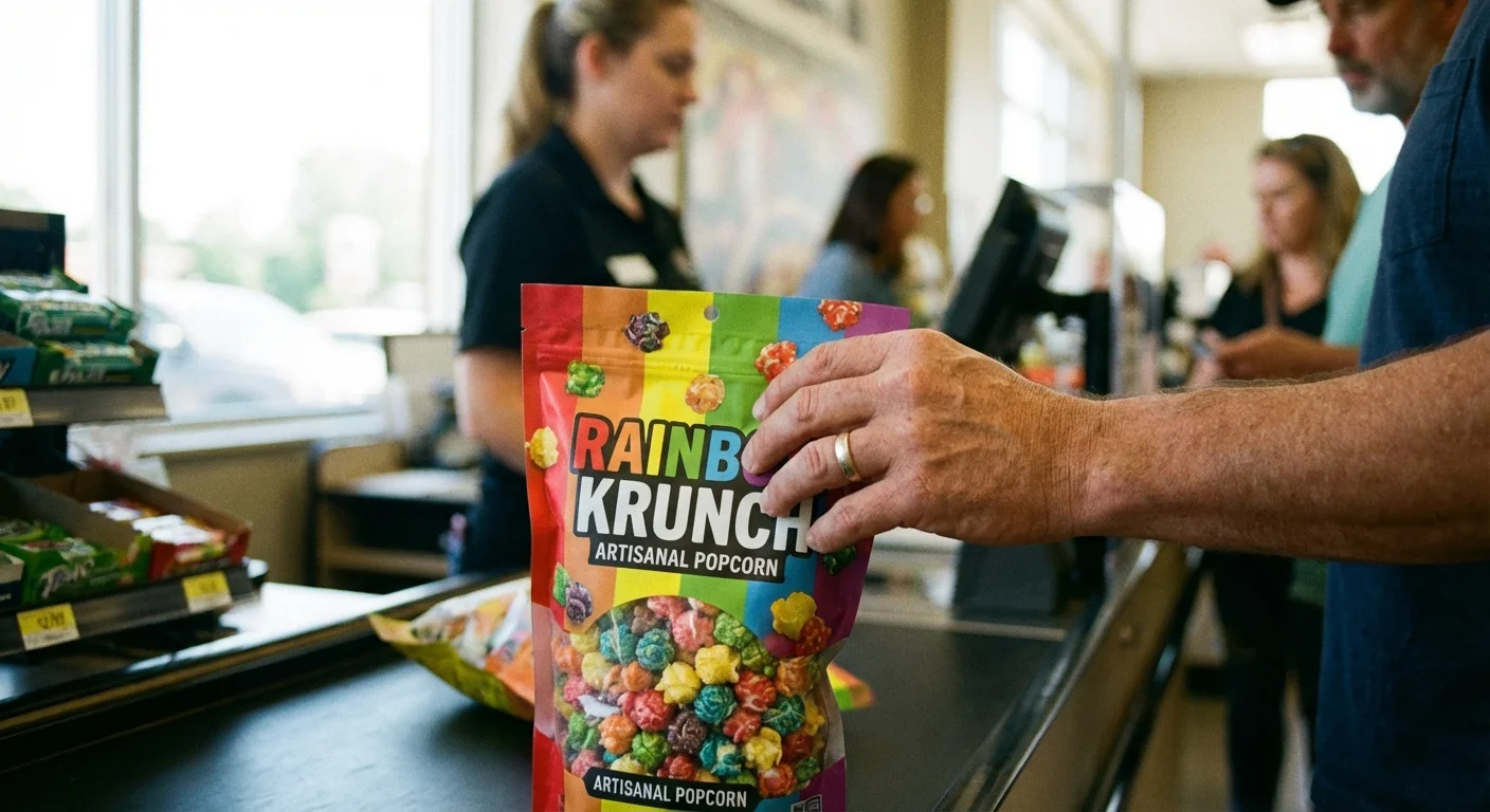 A shopper's hand hovering over an impulse-buy item at the grocery checkout.