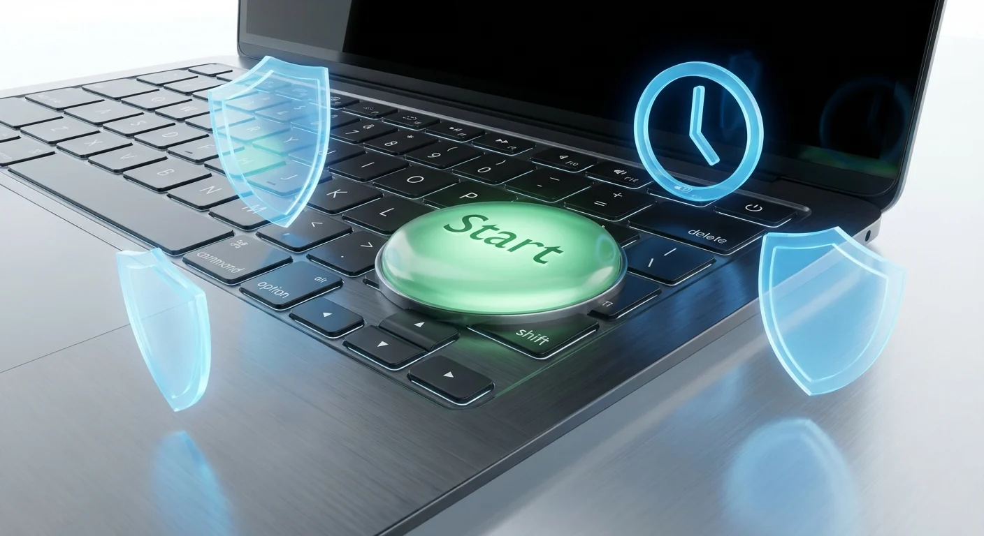 A 3D laptop with a large glowing green 'Start' button and floating security icons.
