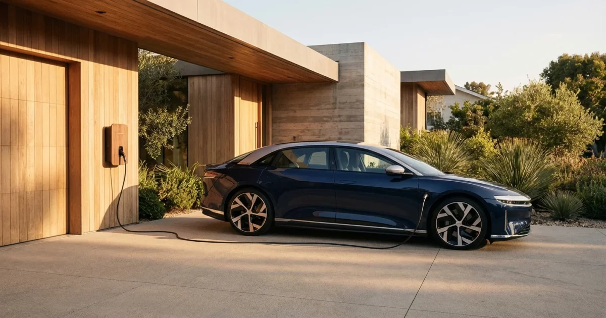 A dark blue electric sedan charges at a wall-mounted station outside a modern wood-paneled home.