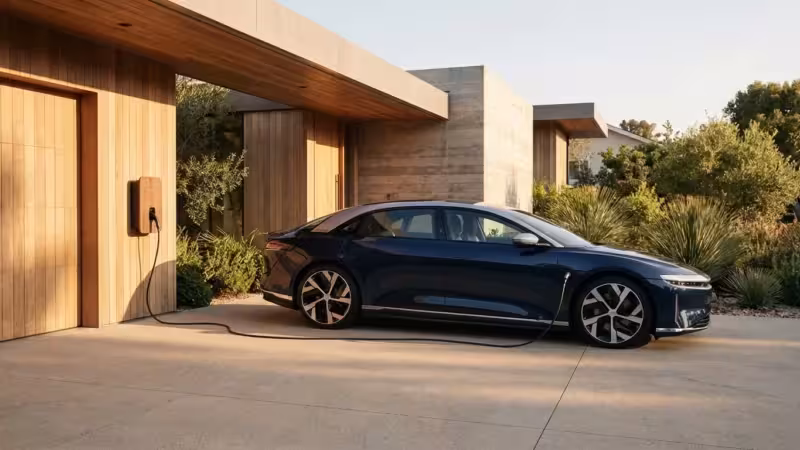 A dark blue electric sedan charges at a wall-mounted station outside a modern wood-paneled home.