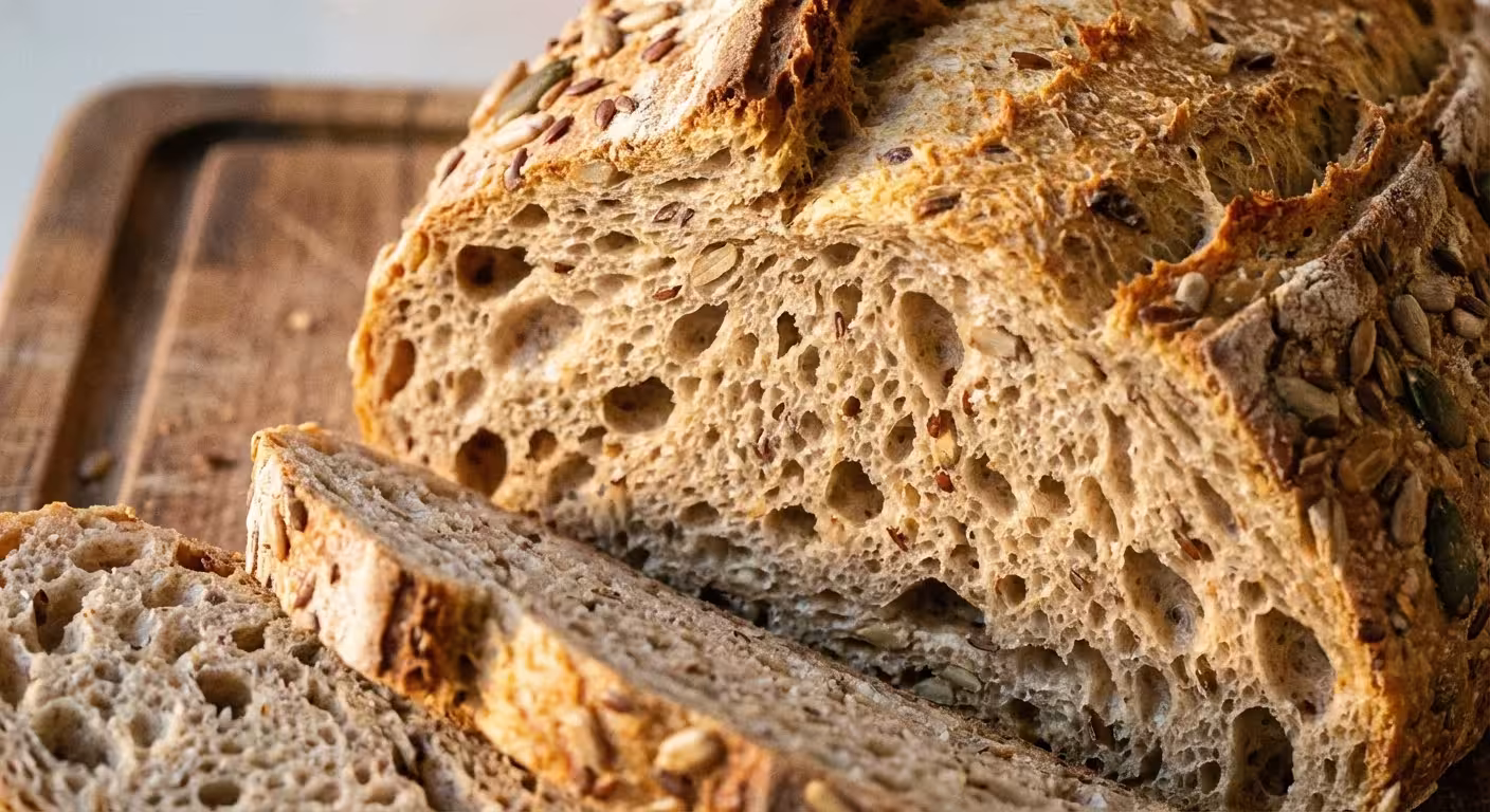 Detailed close-up texture of a healthy, multi-grain homemade bread slice.
