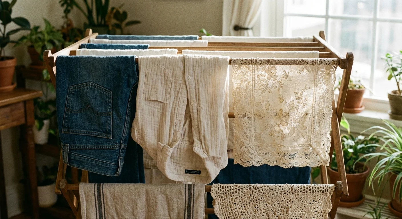 Different types of clothing neatly arranged on a multi-tier drying rack.