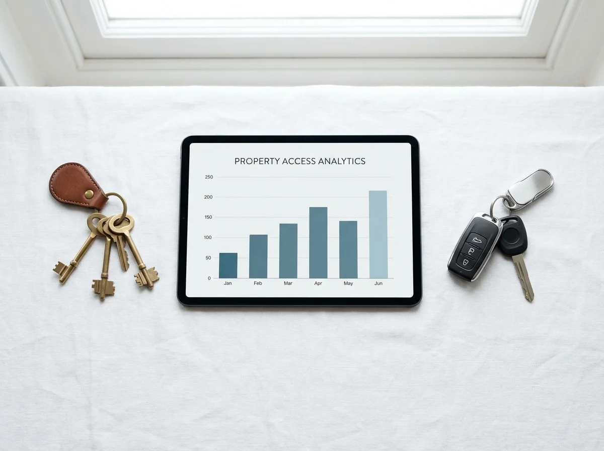 Keys and a tablet with a chart on a white linen background.