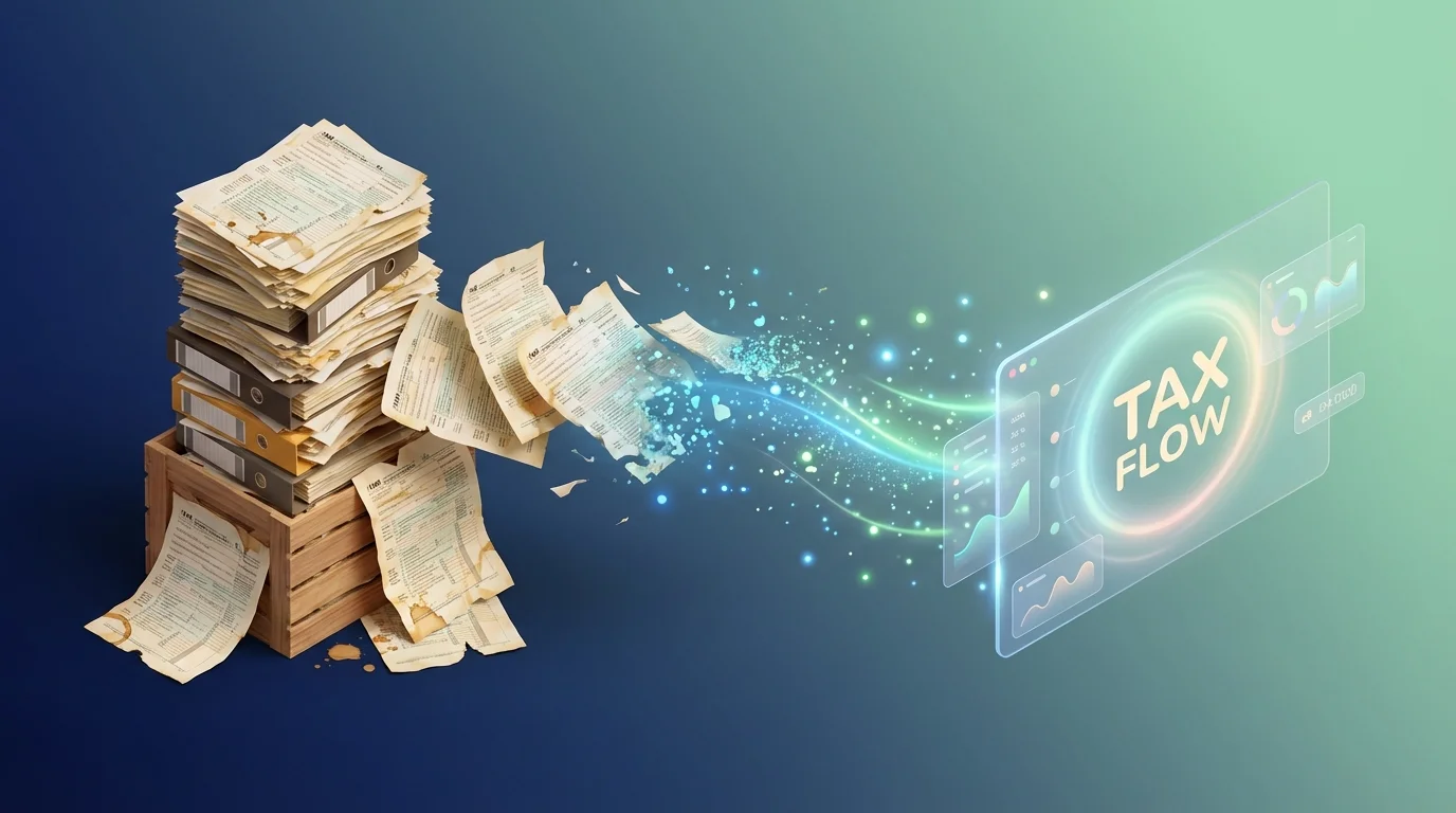 A 3D isometric progression from messy paper forms to a sleek, glowing digital interface.