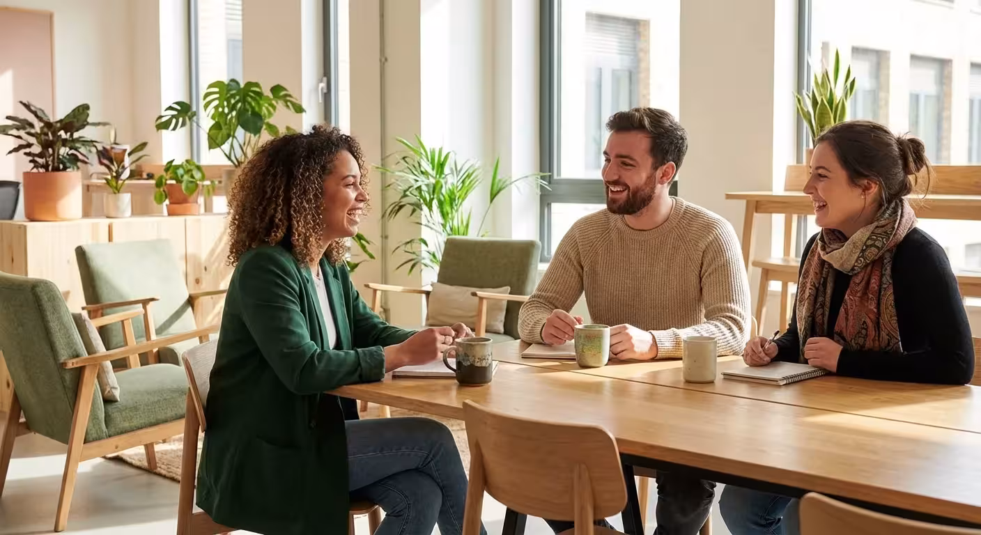 A diverse group of young adults talking in a bright, modern office space.