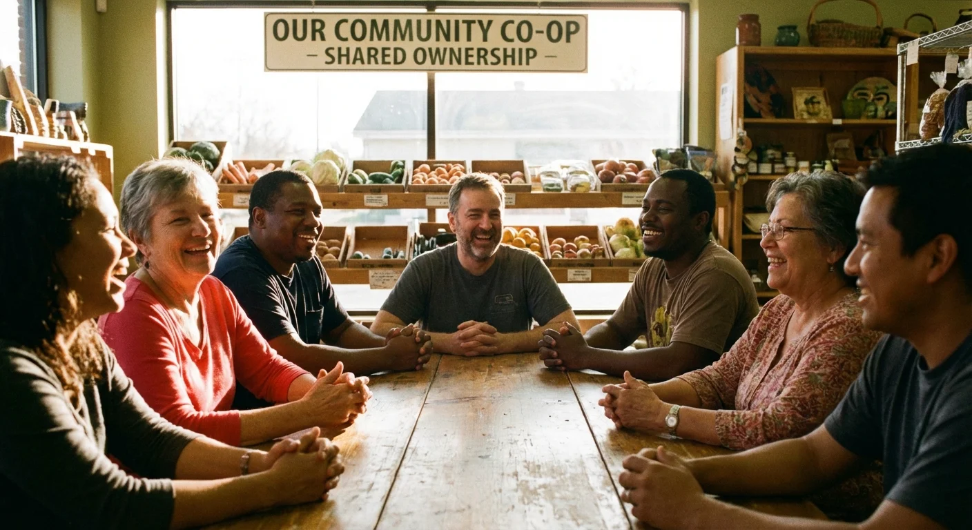Community members meeting inside a local food cooperative storefront.