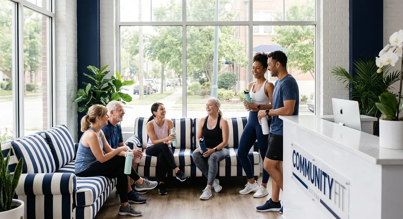 A group of friends socializing in a bright, modern gym lobby.
