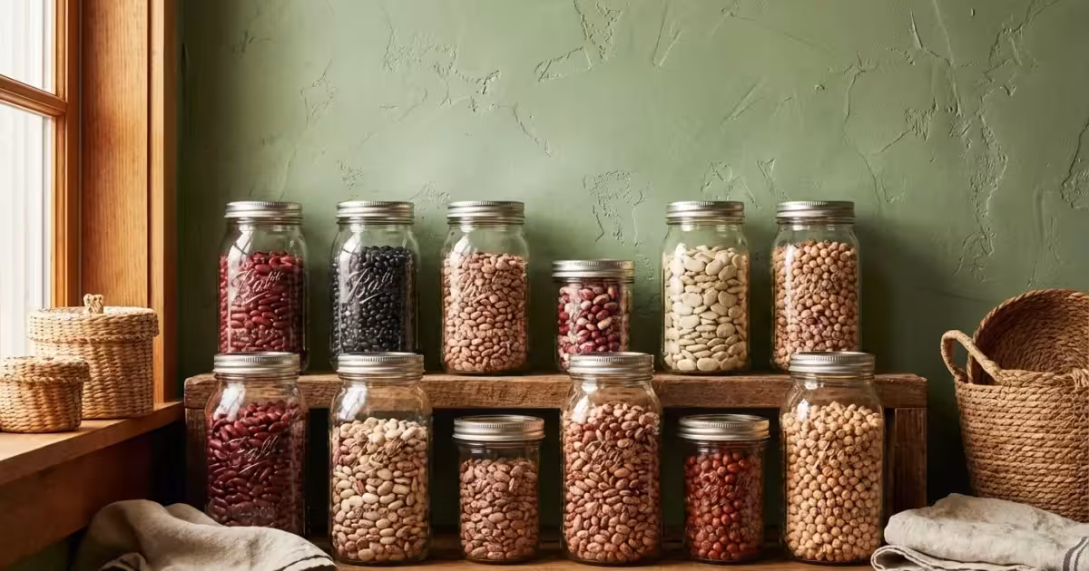 Glass mason jars filled with various dried beans and legumes on a rustic wooden shelf