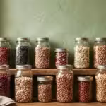 Glass mason jars filled with various dried beans and legumes on a rustic wooden shelf