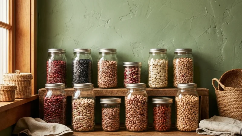 Glass mason jars filled with various dried beans and legumes on a rustic wooden shelf