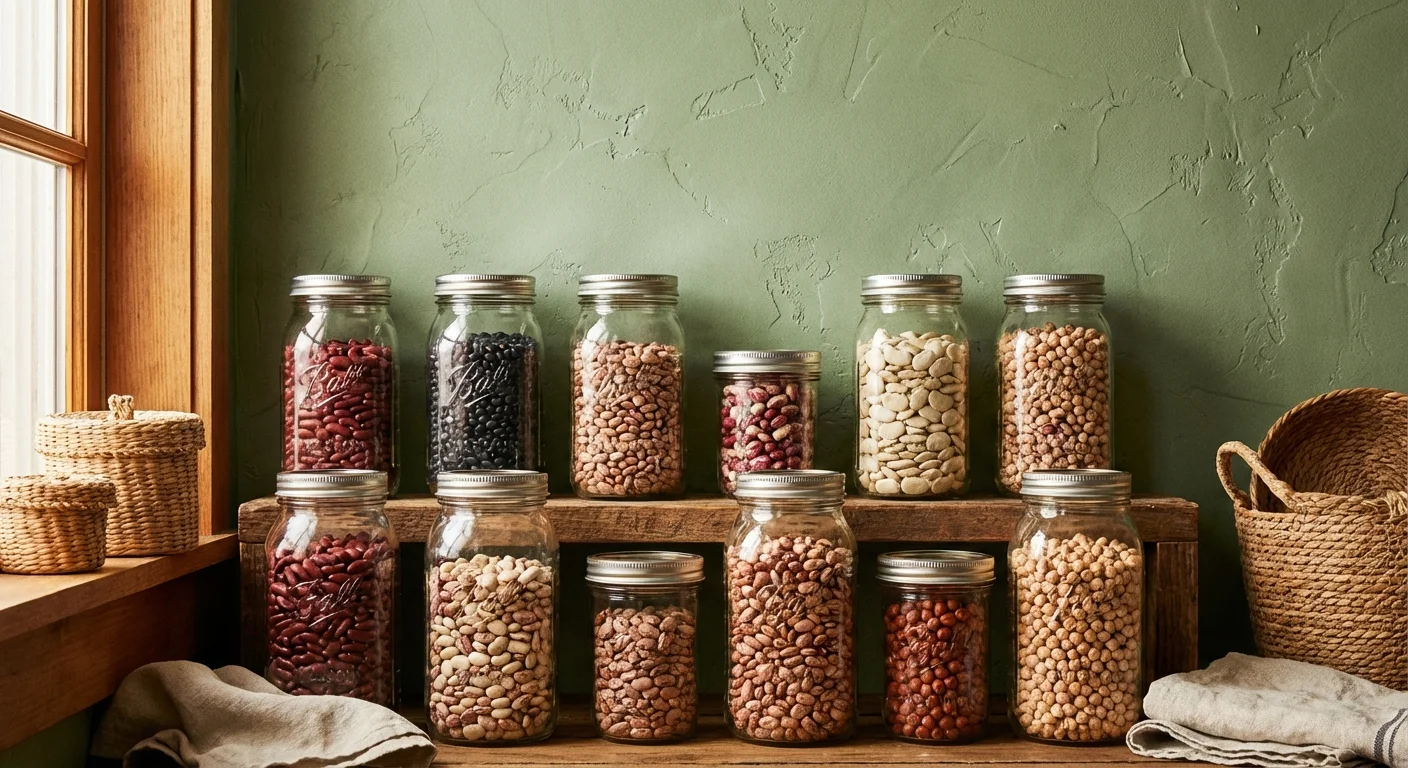 Glass mason jars filled with various dried beans and legumes on a rustic wooden shelf