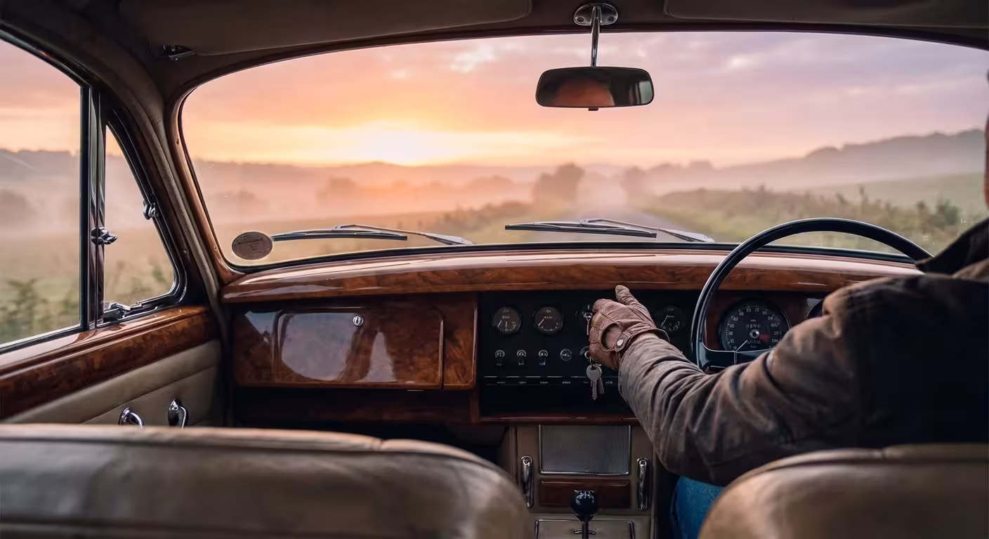 A driver's hand turning the car ignition during a soft, hazy sunrise.