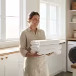 A homeowner happily folding laundry in a bright, clean, modern laundry room.