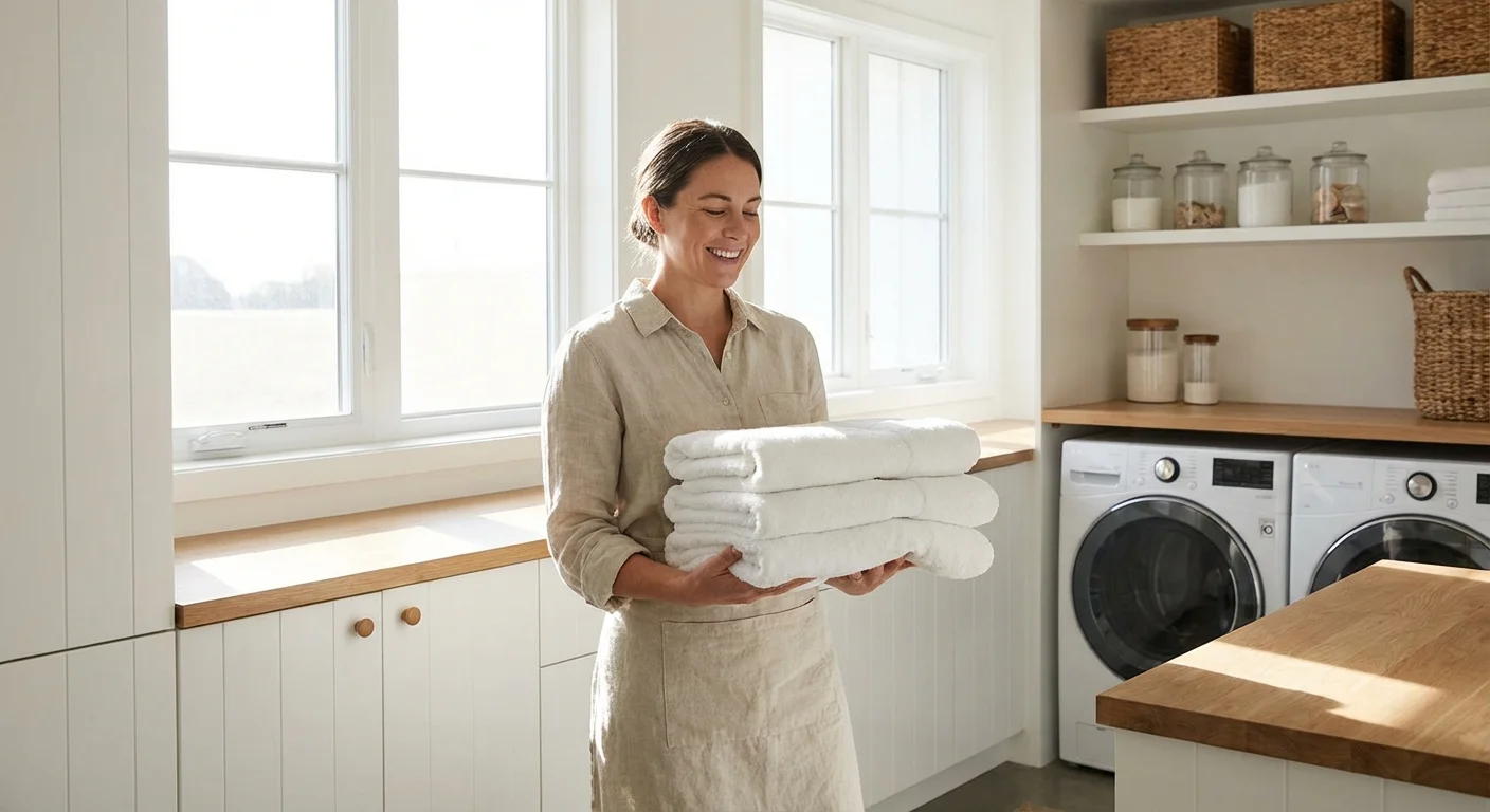A homeowner happily folding laundry in a bright, clean, modern laundry room.