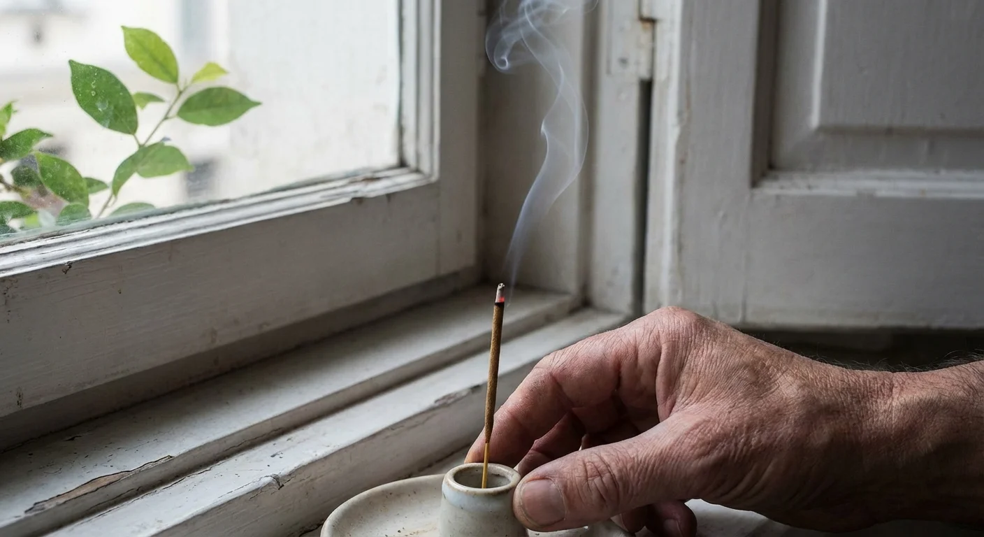 Close-up of an incense stick being used to detect air drafts near a window frame.