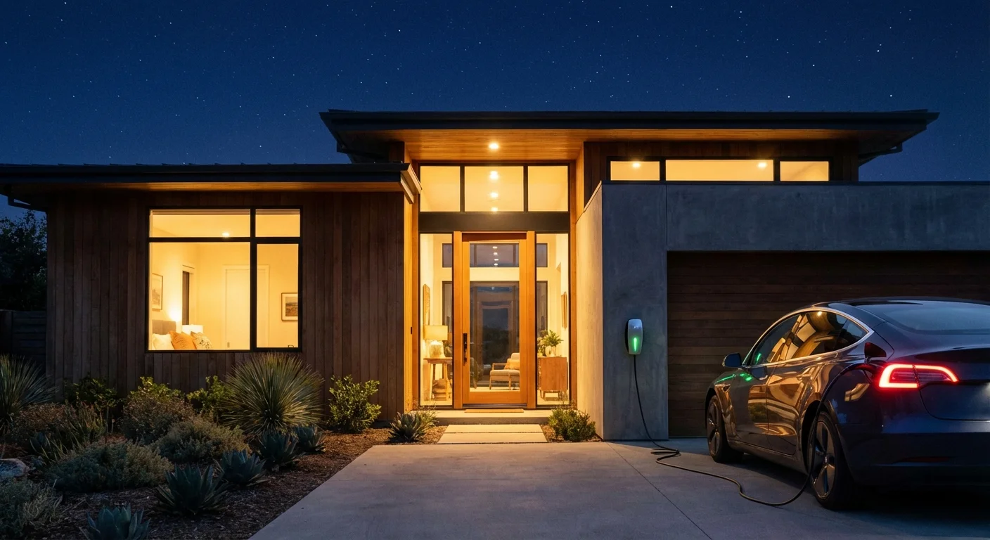 An electric car charging in a driveway at night under a clear sky.