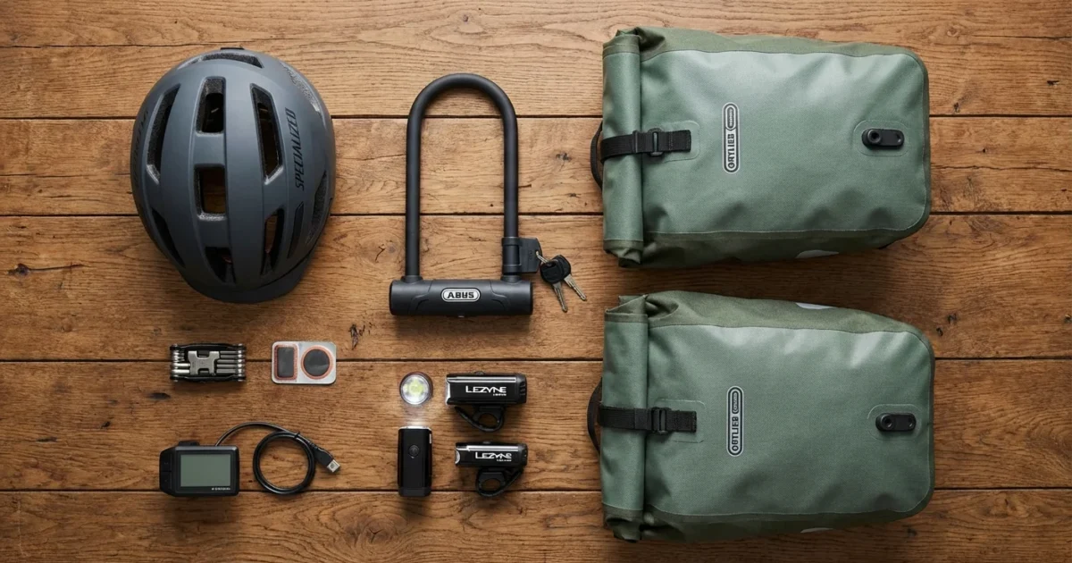 Essential bicycle commuting equipment like a helmet, lock, and bags neatly arranged on wood.