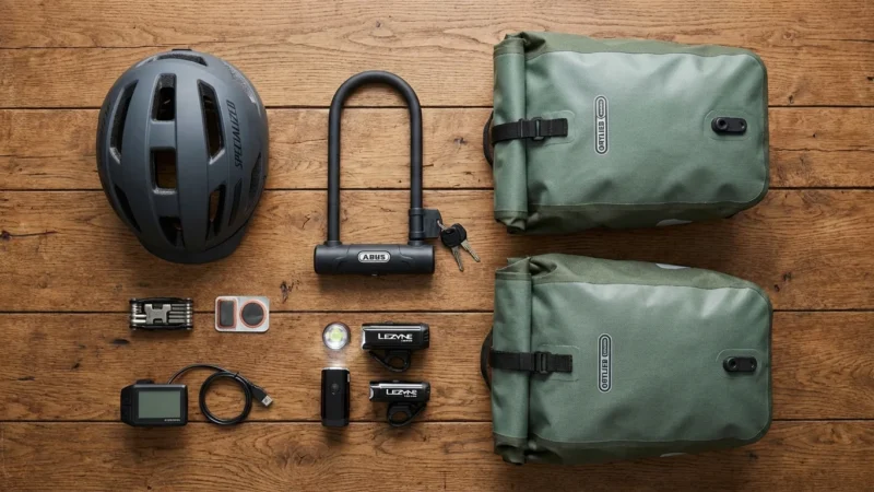 Essential bicycle commuting equipment like a helmet, lock, and bags neatly arranged on wood.