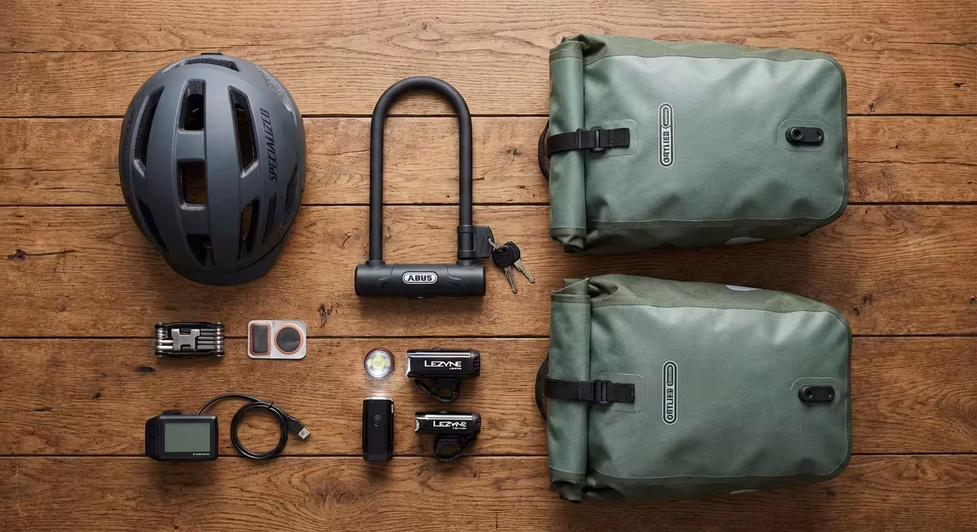 Essential bicycle commuting equipment like a helmet, lock, and bags neatly arranged on wood.