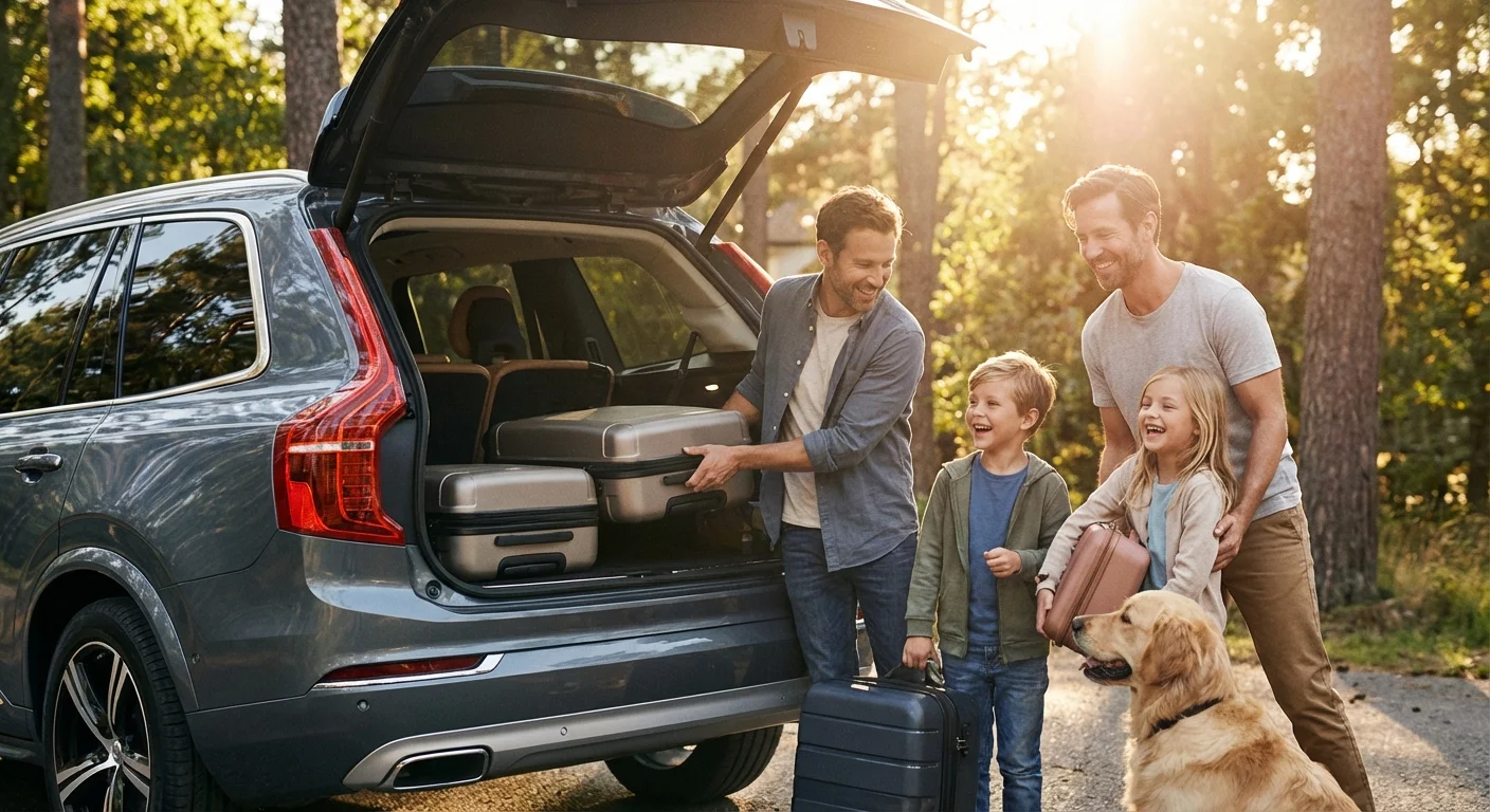 A family loading luggage into the trunk of a grey SUV.