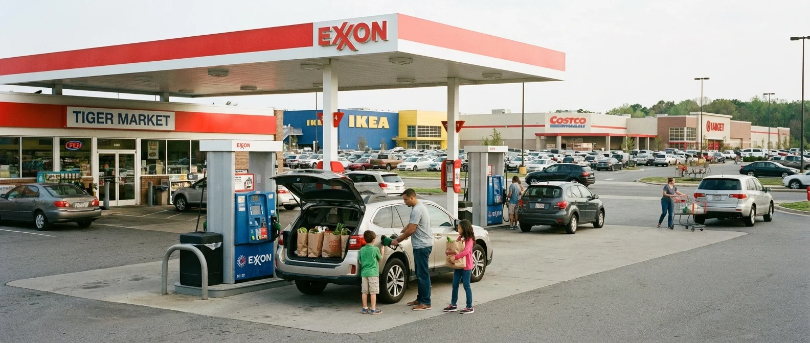 An Exxon station with a car and shoppers in the foreground.
