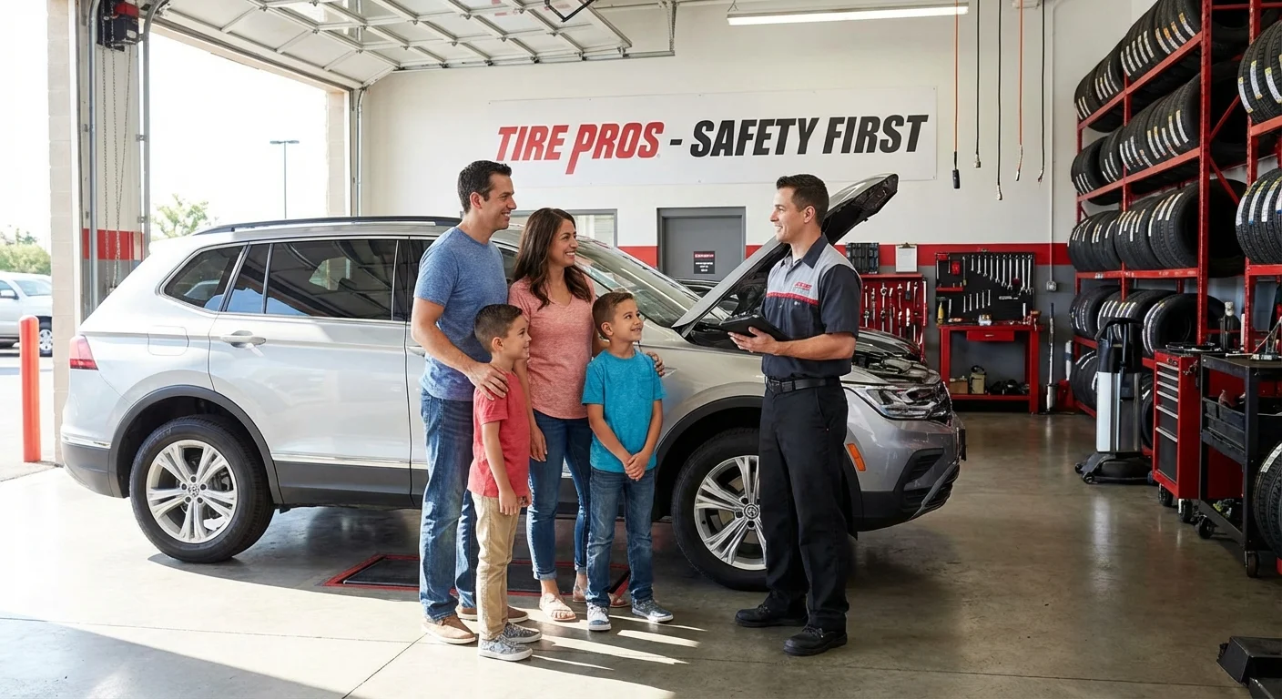 A family talking to a service technician at a warehouse club tire center.