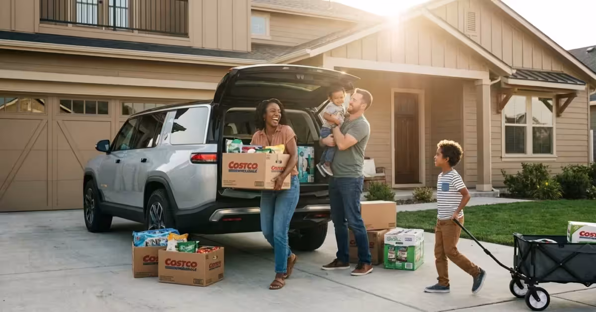 A happy family unloads Costco grocery boxes from a silver SUV in their sunny driveway.