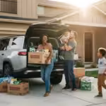 A happy family unloads Costco grocery boxes from a silver SUV in their sunny driveway.