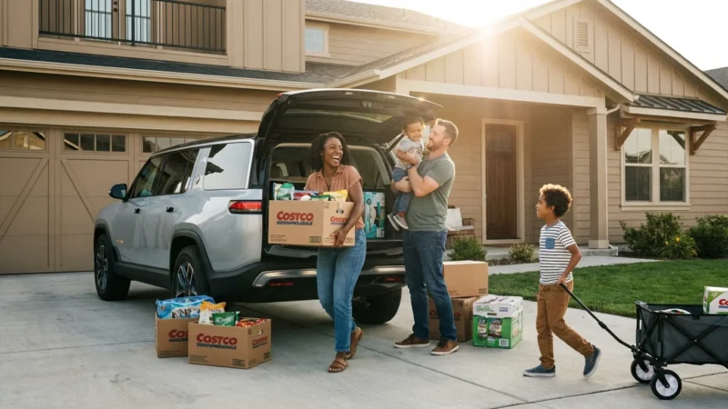 A happy family unloads Costco grocery boxes from a silver SUV in their sunny driveway.