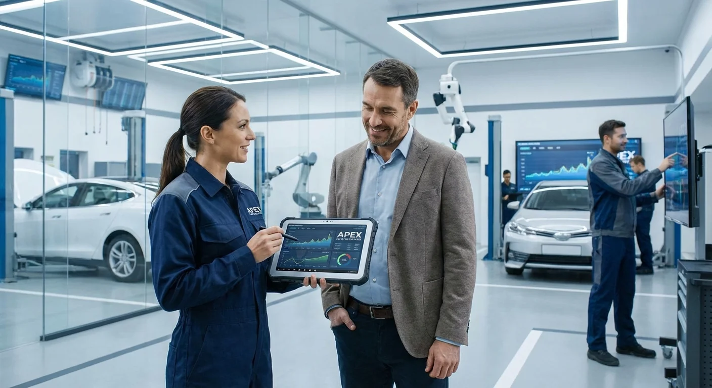 A mechanic explaining technical tire data to a customer on a digital tablet.