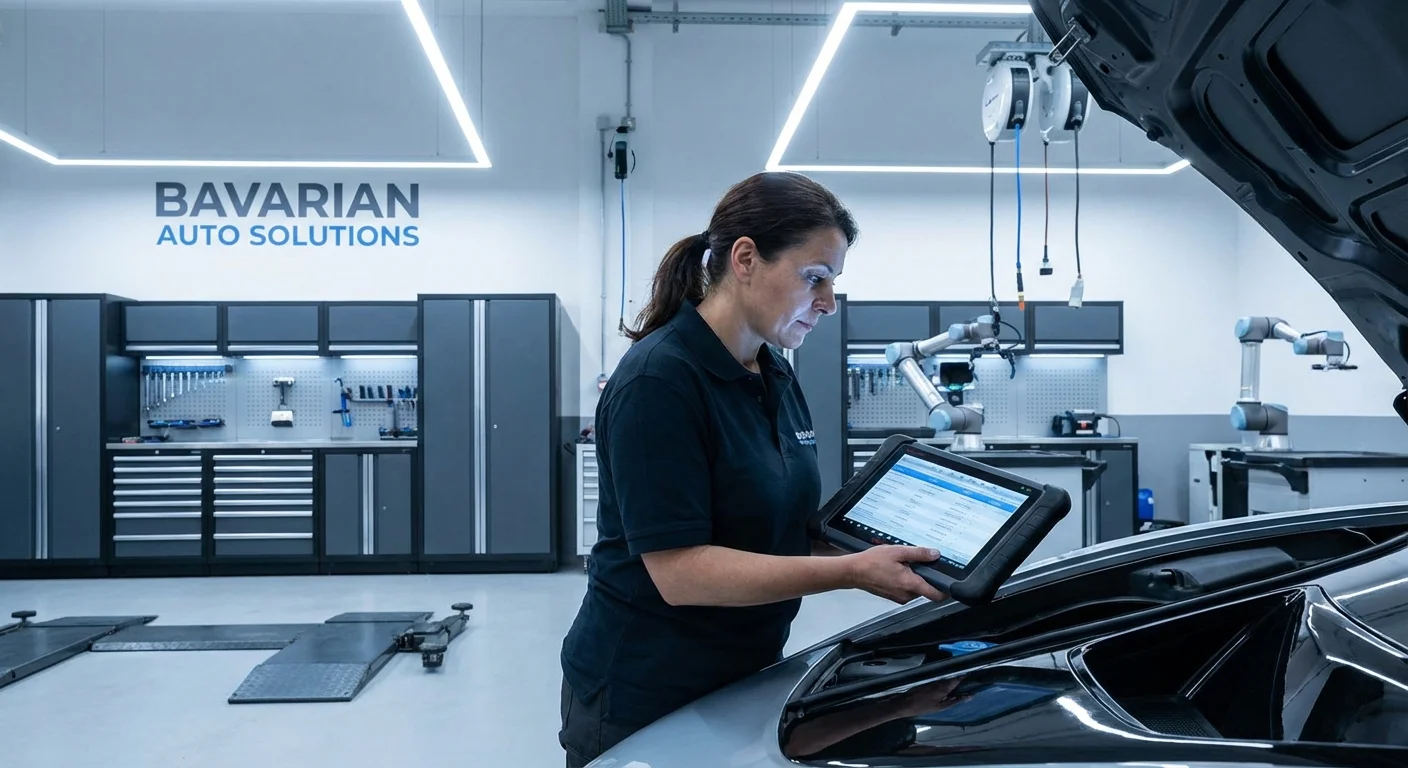 A mechanic using a tablet to diagnose a car in a clean shop.
