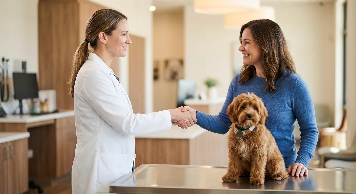 A pet owner and a veterinarian shaking hands in a bright, modern clinic.