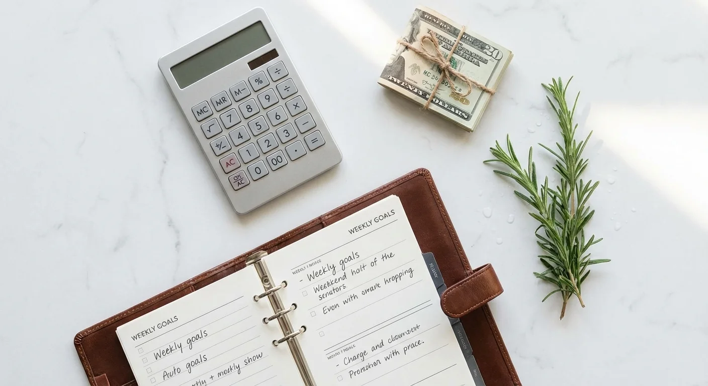 Budget planner and calculator on a marble countertop.
