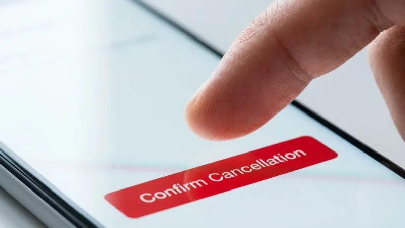 Finger tapping a red confirm cancellation button on a white mobile phone screen