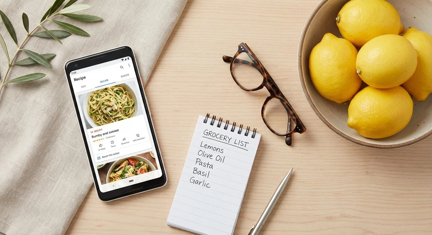 Flat lay of a smartphone, grocery list, and fresh fruit on a wooden table.