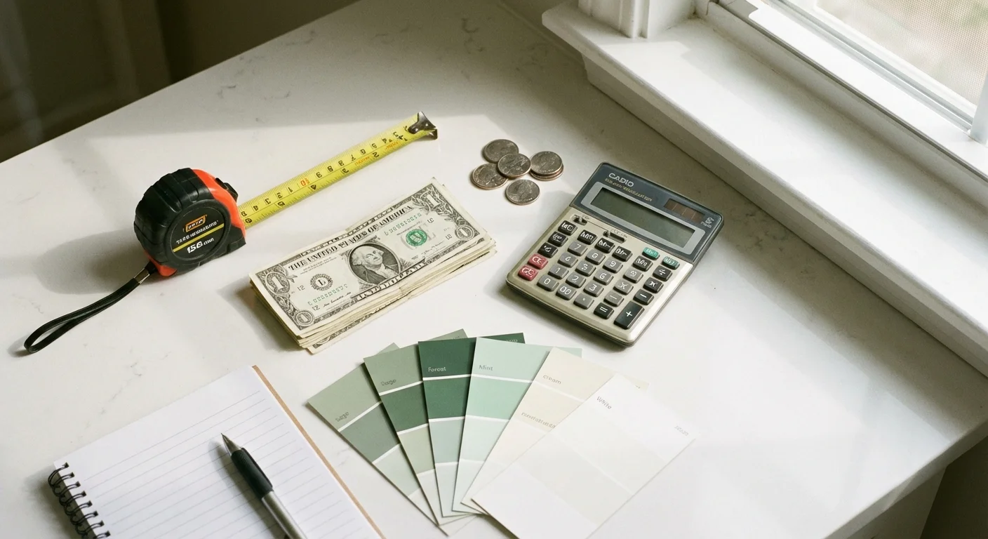 Flat lay of a tape measure, calculator, and paint swatches on a counter.