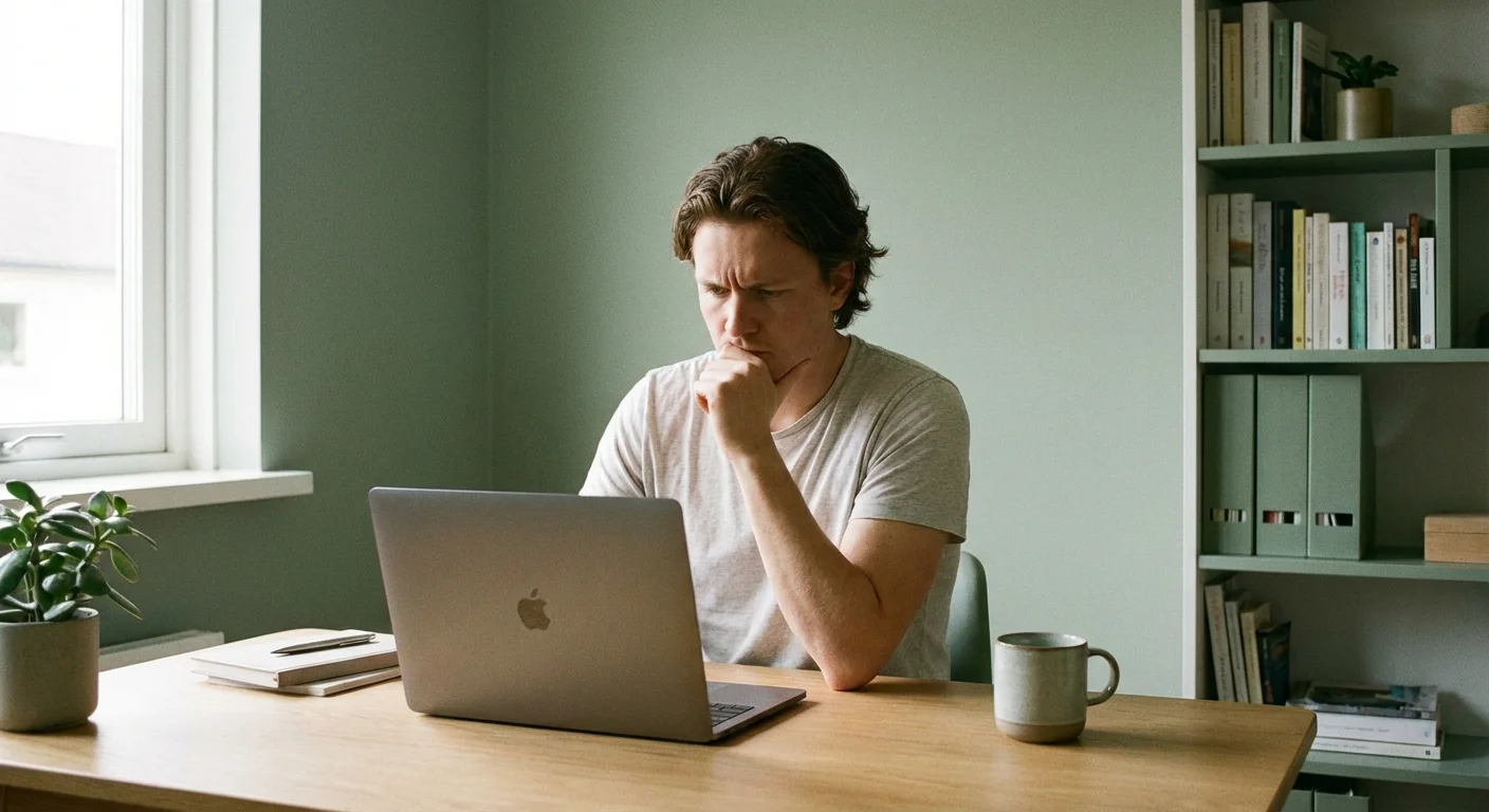 A person focused on their laptop screen, representing thoughtful troubleshooting.