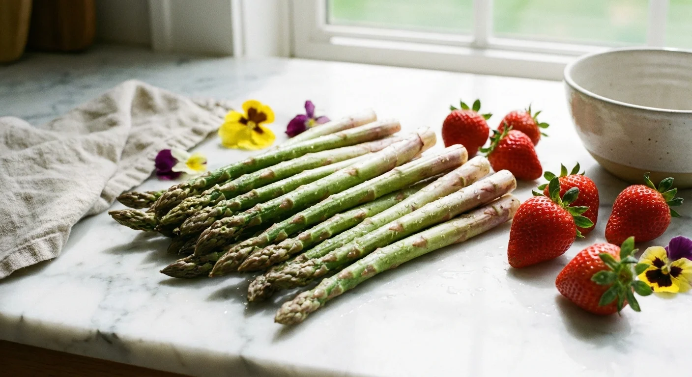 Fresh asparagus and strawberries on a marble counter.