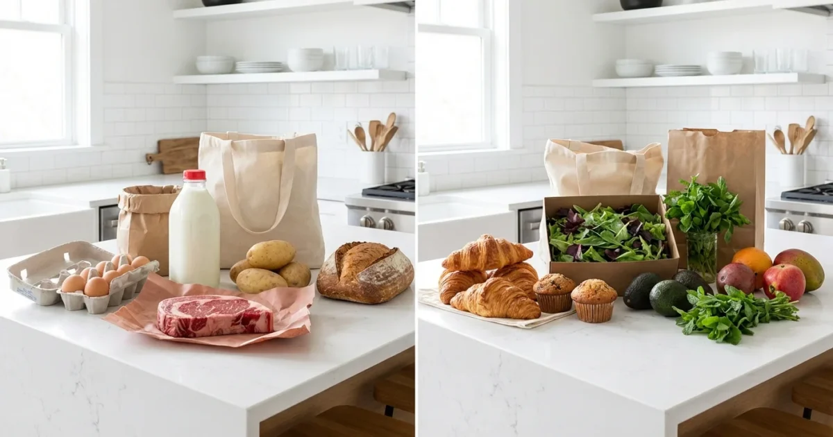 Side-by-side view of raw ingredients and fresh produce on a white kitchen island.