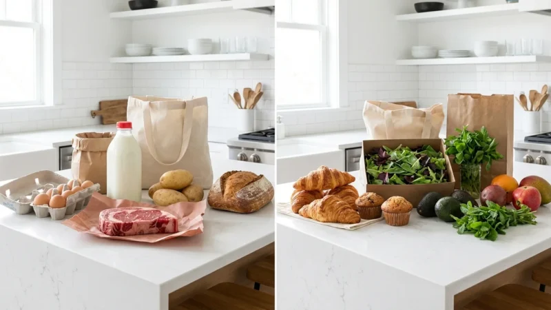 Side-by-side view of raw ingredients and fresh produce on a white kitchen island.