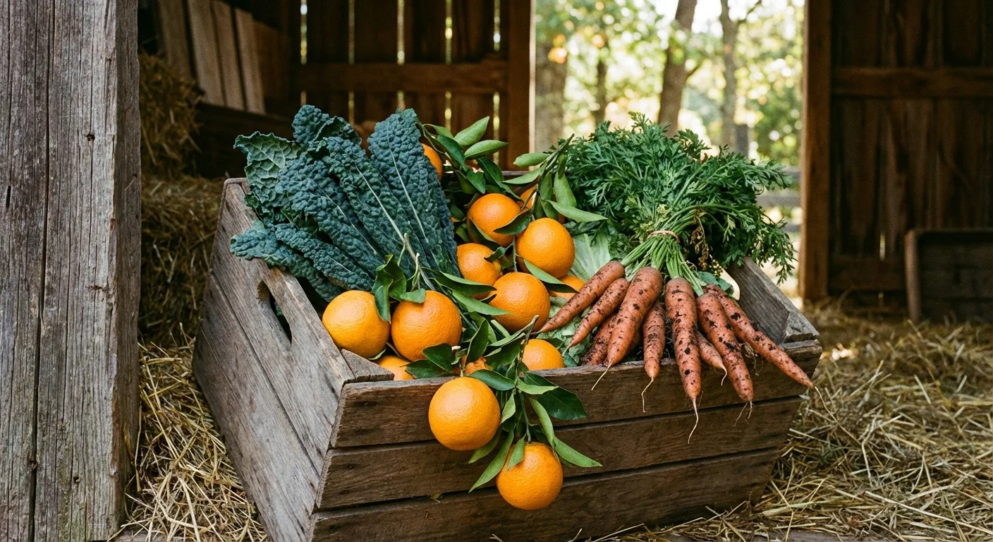 Crate of fresh, seasonal vegetables in natural light.