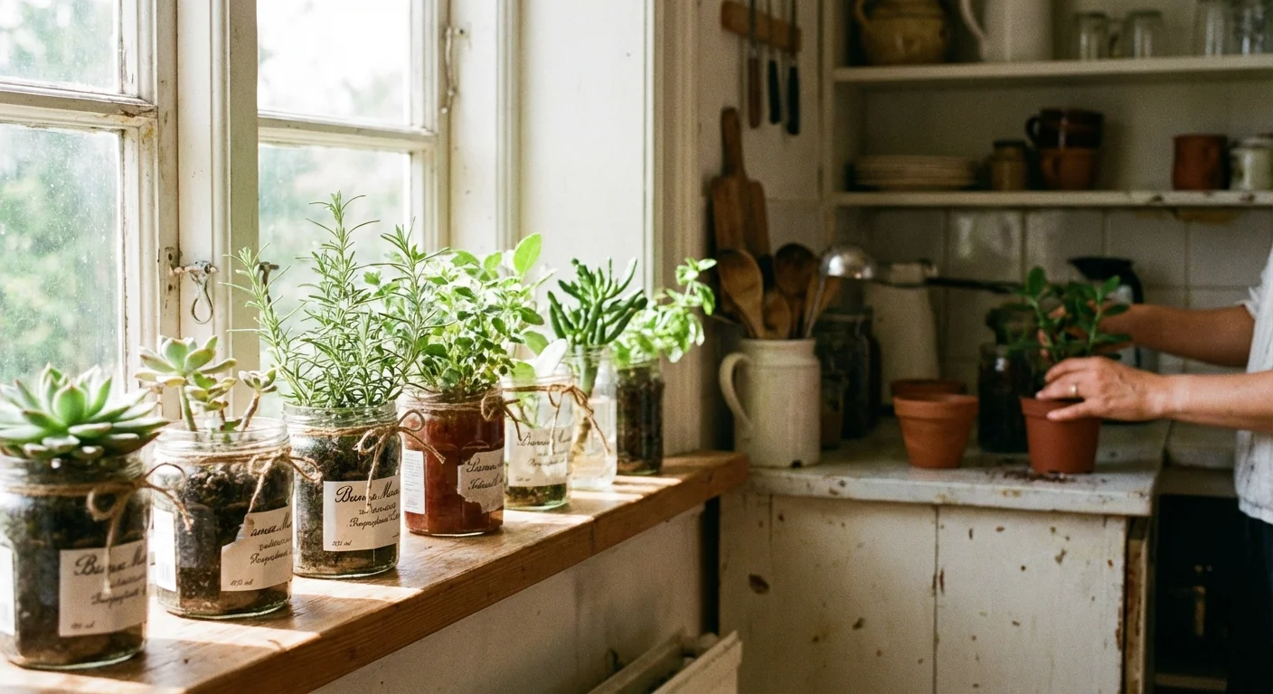 A simple windowsill garden using repurposed glass jam jars.