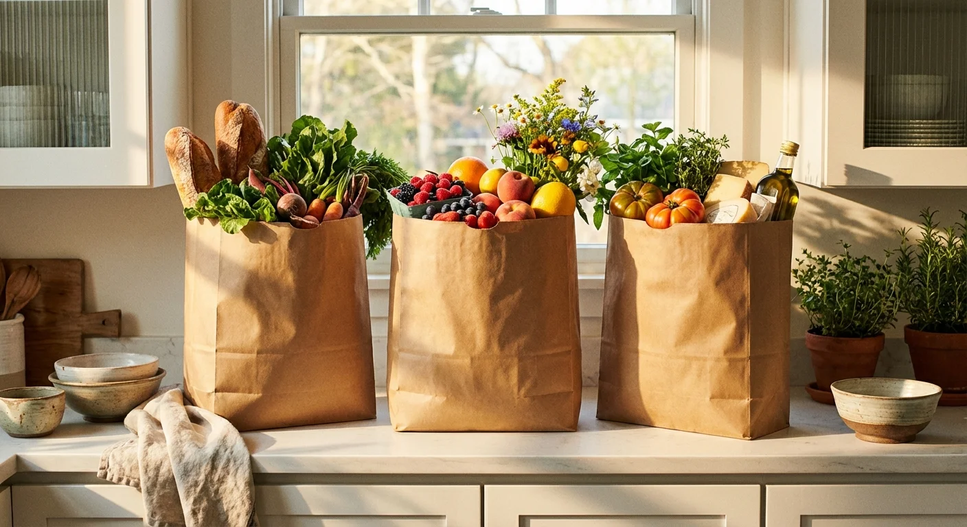 Three grocery bags side-by-side on a kitchen counter, representing different stores.