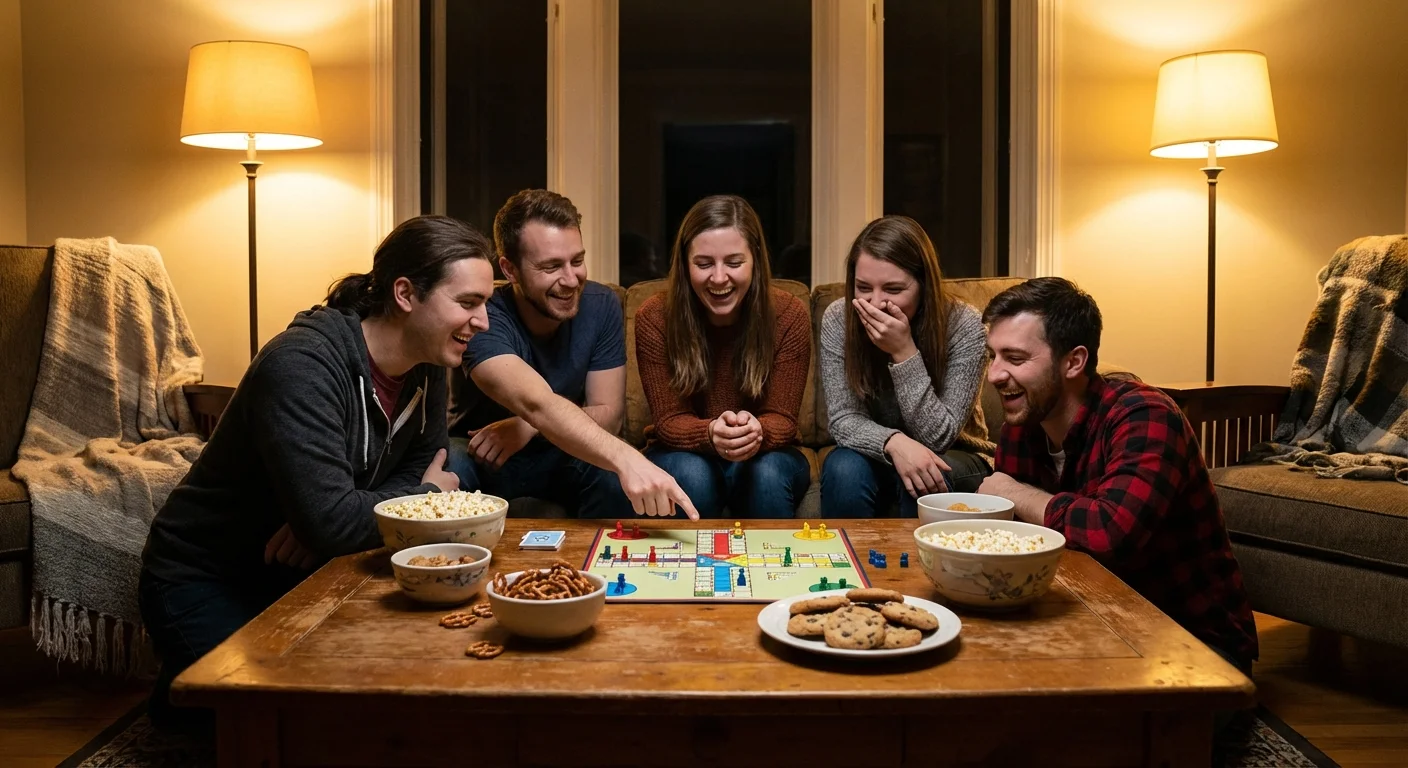 Friends laughing and playing a board game together in a cozy living room.