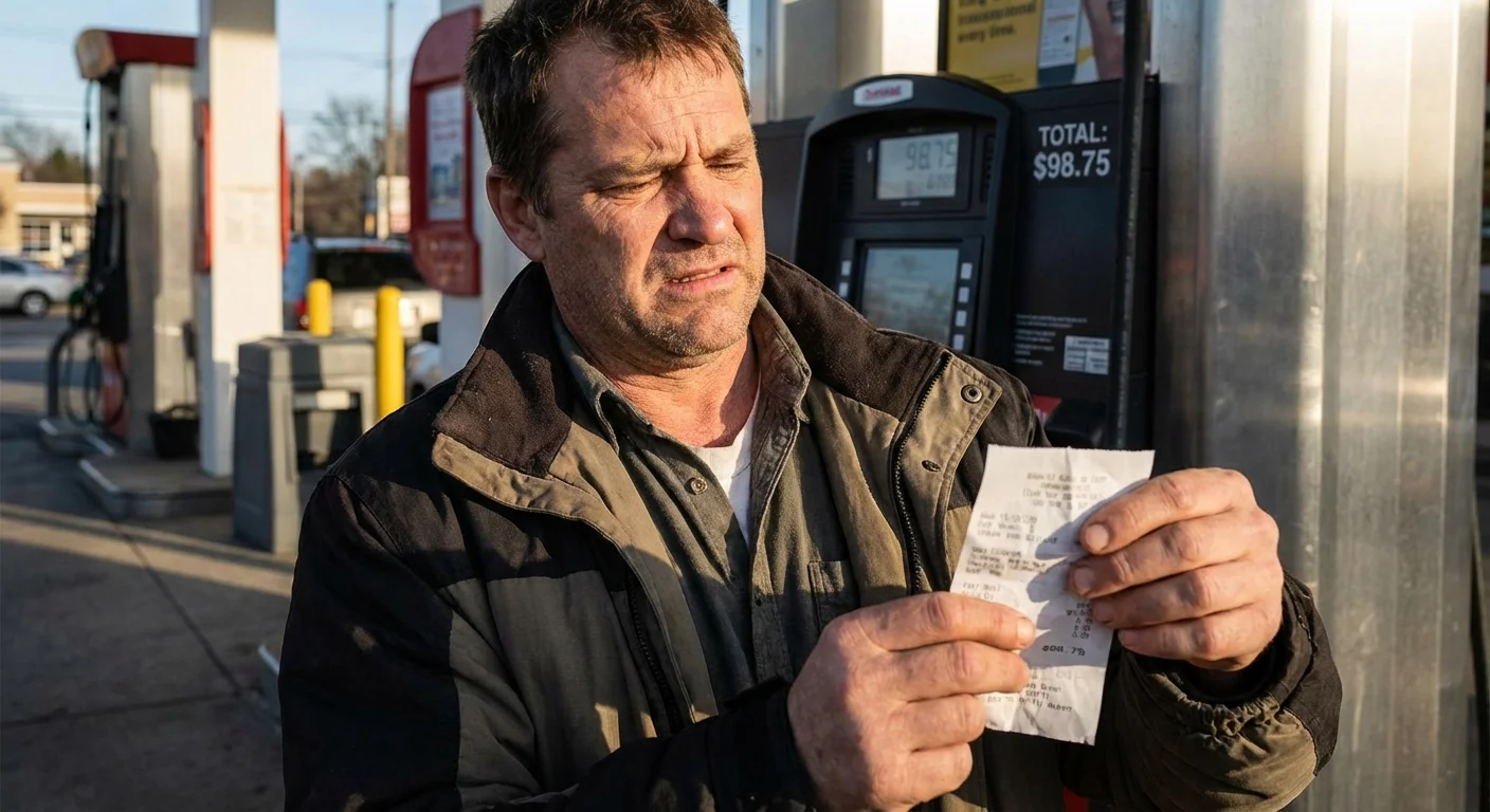 A man looking concerned while checking a gas station receipt.