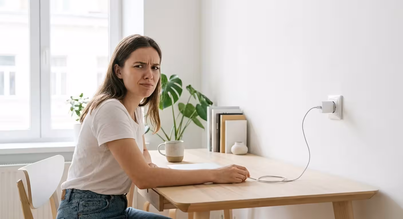 A woman looking thoughtfully at a phone charger in a wall outlet.