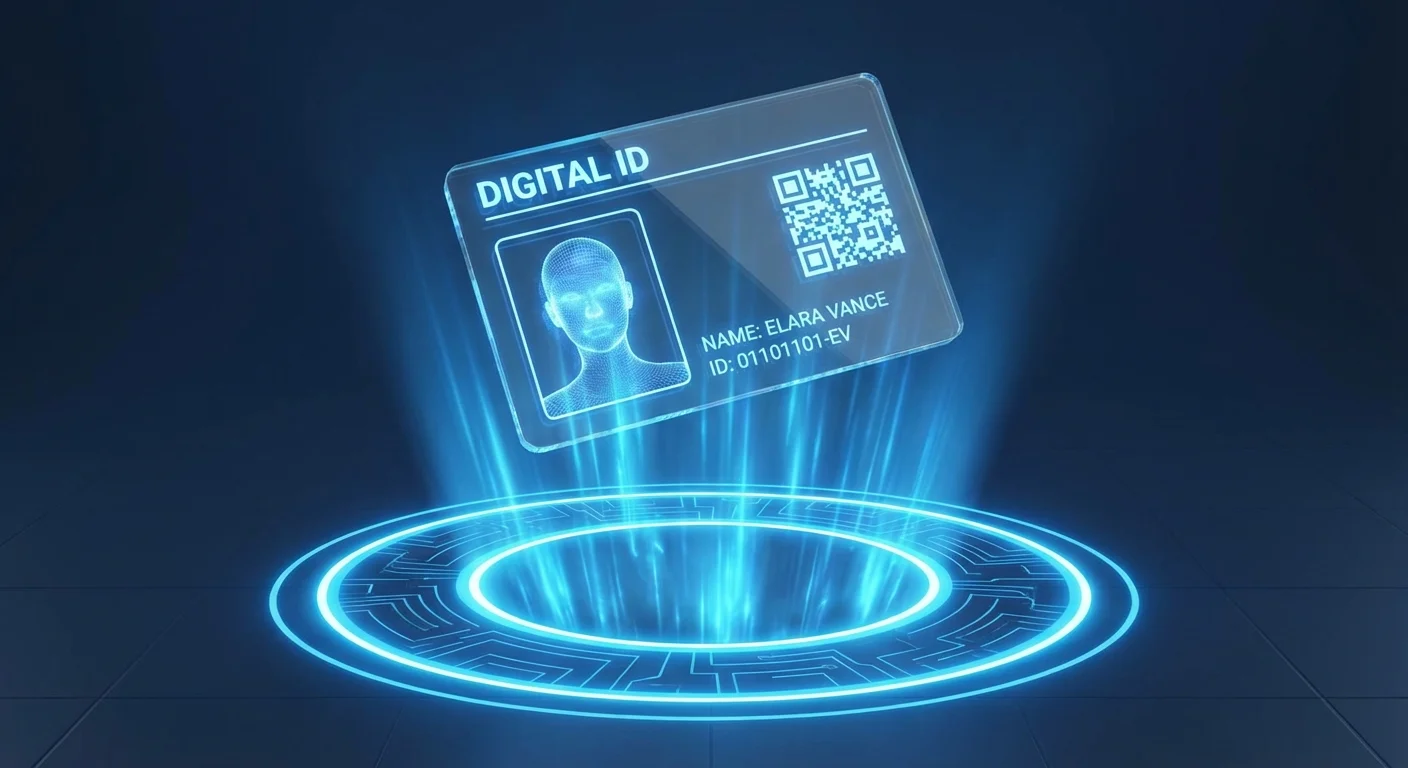 A digital ID card hovering over a blue light portal, symbolizing online verification.